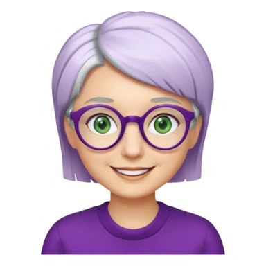 visage femme a lunettes ronde avec cheveux courts gris-blancs aux yeux verts qui souris habillé en violet sticker