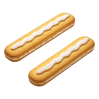 two ladyfinger biscuits, soft elongated shape, golden-brown, powdered sugar on top, airy and crisp exterior, spongy texture, arranged in a slight scatter, clean 3D rendering, soft light, subtle shadow, no packaging, no anthropomorphic features, transparent background, emoji scale sticker