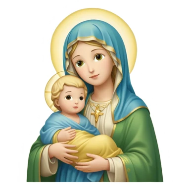 "A highly detailed iOS 18 emoji-style depiction of the Virgin Mary holding baby Jesus. Mary is wearing a green and blue mantle with a soft yellow veil, holding baby Jesus wrapped in a light yellow cloth. Both figures have soft, serene expressions and golden halos around their heads. The background is a glowing golden light with subtle clouds below them. Render in Apple emoji aesthetic — smooth, rounded shapes, bright pastel colors, glossy finish, minimalistic yet expressive, iconic emoji style. Maintain full fidelity to the original pose, colors, and facial features." sticker
