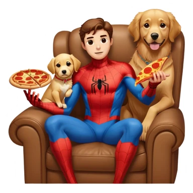 Spider-Man, sitting on a recliner with a pizza in his hand next to a golden retriever sticker