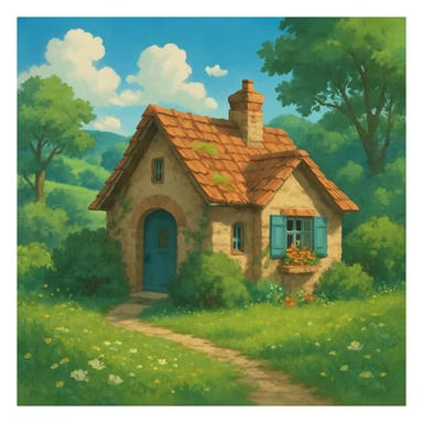 cozy cottage in a lush landscape, ghibli style sticker