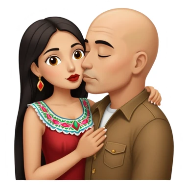 short Mexican  woman with long dark hair kissing tall bald Mexican  man sticker