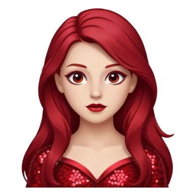 Chappell Roan (b.1998) with long dark red hair, red sequin outfit, makeup sticker