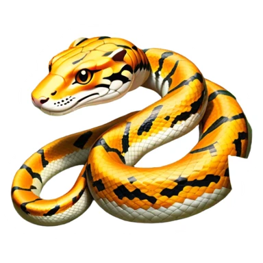 Tiger python coiled up on the ground, blending with the dense jungle foliage. Its distinct orange and black stripes stand out against the vibrant green of leaves and plants. Sunlight filters through the trees, highlighting the snake's patterned scales. Transparent background. sticker