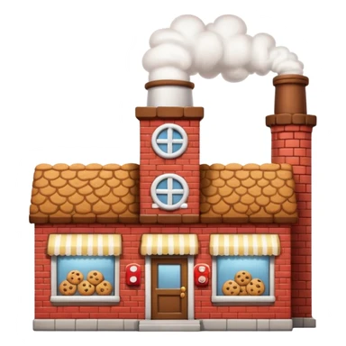 Small cartoon-style bakery factory with a red brick base, a single chimney puffing white smoke, cookie crates outside, emoji-style sticker