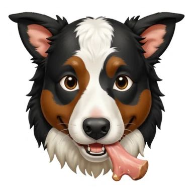 A black and white border collie is chewing on a rotten, smelly cow's hoof. sticker