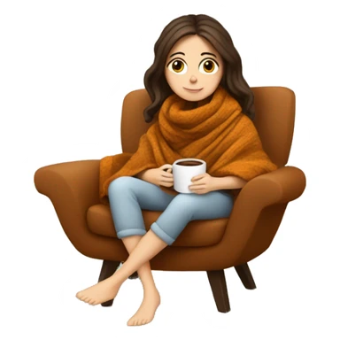Brunette white girl covered in blanket autumn vibe sitting on a cozy chair holding coffee sticker