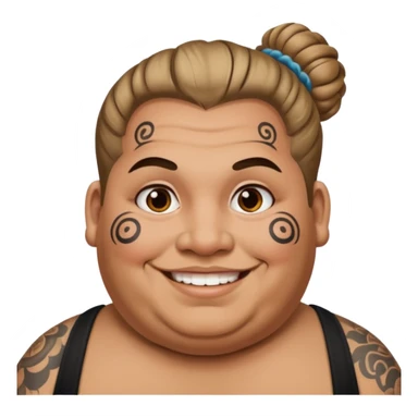 obese man with lots of face tattoo and hair bun sticker