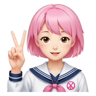 Energetic anime girl with short pink hair wearing Japanese sailor style school uniform, winking and making double peace signs, very cheerful and bubbly, kawaii style sticker