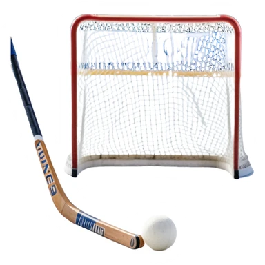 A ball and hockey stick resting on an ice rink, with the goalposts and clear markings in the background. The scene captures the unique nature of field hockey with a ball on ice, emphasizing the speed and precision of the sport in a cold, competitive atmosphere. sticker