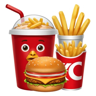 Plateau rouge avec dessus une bucket de poulet KFC , des frite dans un pot, un burgers et un coca sticker