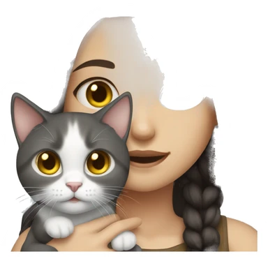 Girl with long dark brown hair and blue eyes holding a gray cat with yellow eyes sticker