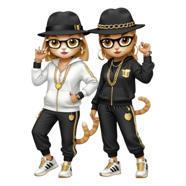 female cat wearing Run DMC hip-hop outfit with tracksuit, fedora, Adidas sneakers, many gold chains, rings, bracelets, flashy earrings, dancing with a friend, no sunglasses sticker