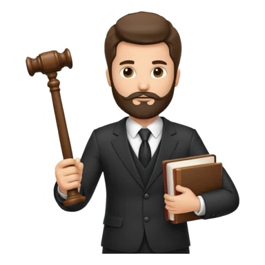 Create a male lawyer. he is wearing a fromal suit jckeret. He is holding a gavel in one hand and a book tucked under his another arm. He has beard. And the hair is kinda darker but not black. and is kinda short at the layers sticker