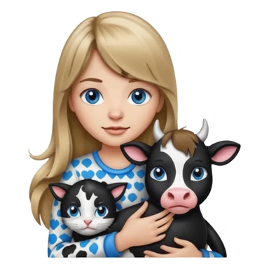 Apple-style emoji sticker of a young woman with long dark blond hair and bang, blue eyes , holding a cat black and white like a cow patch on her chest.  sticker