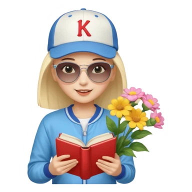 ["A happy girl with light skin, bald, wearing a baseball cap and sunglasses, dressed in K-pop fashion, is reading a book while holding a flower bouquet."] sticker