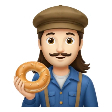 tourist brunette long hair man with cap holding bagel sticker