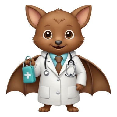 A friendly bat wearing a small white doctor's coat and a stethoscope, with a playful smile and tiny medical bag, in a simple cartoon style. sticker