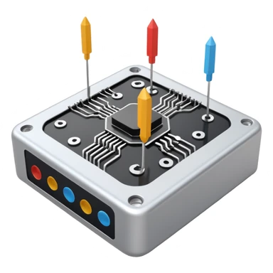 schematic emoji of a stylized microcontroller with arrows pointing to a sensor and an actuator, connected by simple lines evoking physical computing logic sticker