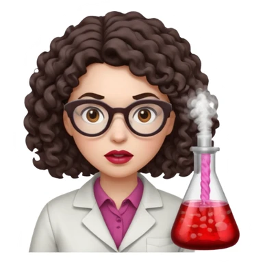 A crazy female scientist, with curly-wavy dark brown medium lenght hair, brown eyes and light grey glasses and pale skin and pinkish lips, dressed to look like an english teacher but in neutral tones like grey black white, maybe with the pop of dark red, with no girly colors, she should look mad sticker