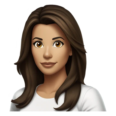 3/4 face, contrasted, shadow, light, Eva Longoria expression, standing from a distance, thin nose, brunette woman, hazel eyes, long eyelashes, dark shoulder shaded hair, white t-shirt, jeans, white sneakers sticker