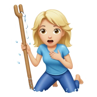 simple blond woman kneeling, surprised, big cartoon stick with D-shaped knob emerging from hanging pants, water splash into her mouth sticker