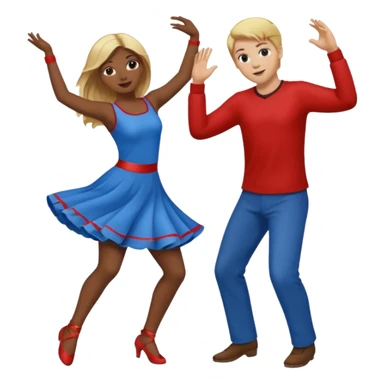 Two people dancing, one wearing red with blond hair and one wearing blue with brown hair and dark skin sticker