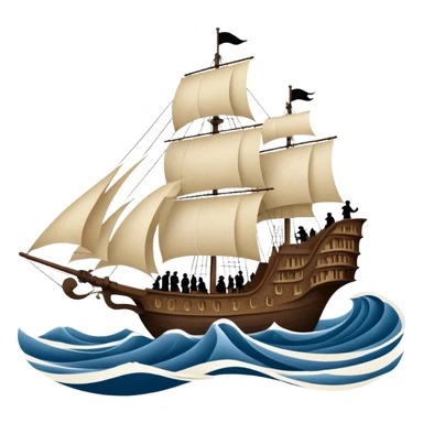 Reading Fiction: a sailing ship made of book pages floating on waves, with swashbuckling musketeers on horseback and a detective silhouette resembling Sherlock Holmes in the background. The icon should capture the adventurous and romantic spirit of classic literature. Transparent background. sticker