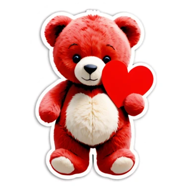 A photo Realistic teddy bear holding a red heart sticker