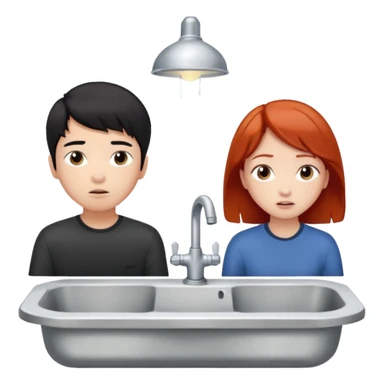asian black haired boy watches tv with redhead girlfriend by broken sink sticker