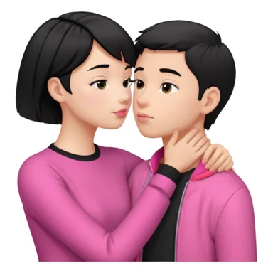 Un emoji de una. Chica linda adolescente vestido rosado pelo corto negro casi por los hombros besando a un chico lindo de pelo y ropa moderna sticker