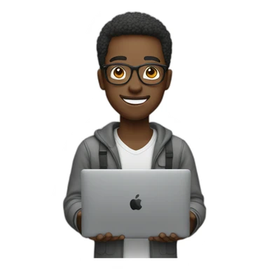 a black man with spec using macbook facing right smiling holding gadget sticker