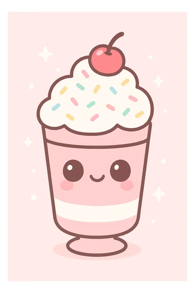 kawaii style milkshake with a happy face, whipped cream, sprinkles, cherry on top, pastel pink and white colors sticker