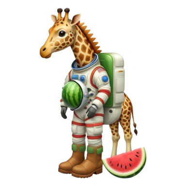a round watermelon body with only the head of a giraffe sticking out, wearing brown boots and an astronaut helmet sticker