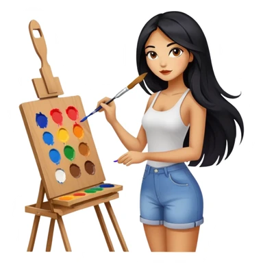 painting, easel, master piece, artist, long black hair tanned woman, paint pallet colors and paint brush, sexy sticker