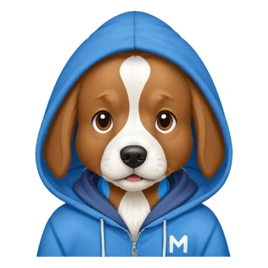 Dog wearing a Blue hoodie. And on the hood is a giant White M sticker