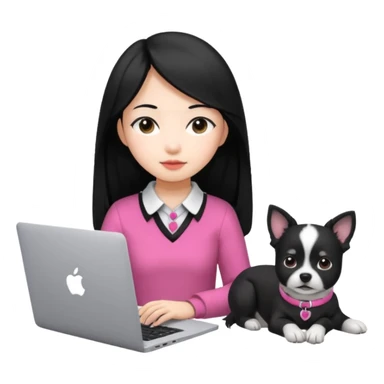 Blue back ground, Asian girl with long black hair working on an Apple laptop, next to her is a small black and white dog with pink collar on  sticker