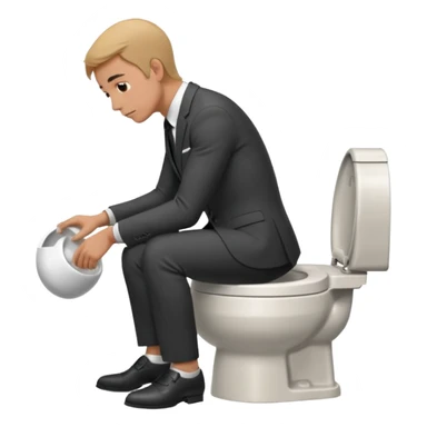 Man siting in a toilet bowl head down hands on the knee the side side view and dress sticker