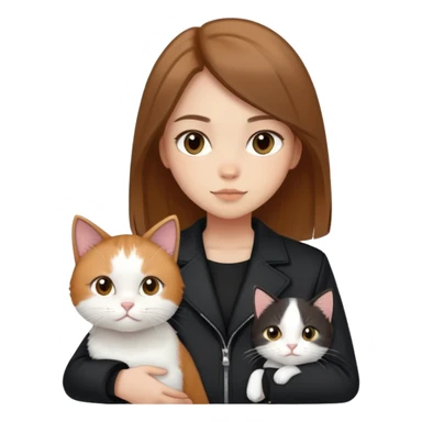 Light-skinned girl with brown straight hair wearing a black jacket, along with one pure white cat and one calico cat sticker