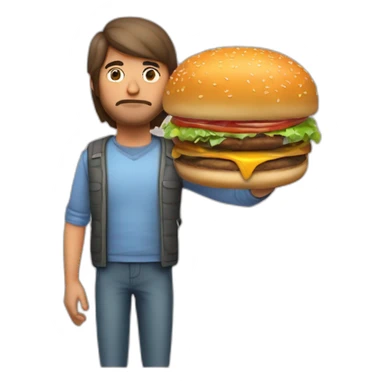 persona obesa triste con una hamburguesa en una mano y en la otra una mancuerna sticker