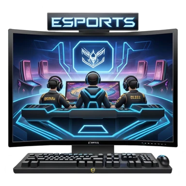 An icon featuring a gaming monitor displaying an intense esports competition, with players' hands on controllers and keyboards. A digital scoreboard and glowing energy lines surround the scene, symbolizing the excitement of competitive gaming. Transparent background highlights the world of esports. sticker