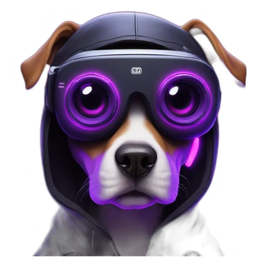 funny dog wearing a black hoodie with "OMG" letters on it and VR headset in a cyberpunk VR environment with violet neon lighting. sticker