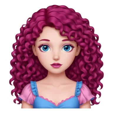 Chappell Roan long dark red curly hair, blue eyes, pink eyeshadow and lip, pink dress sticker