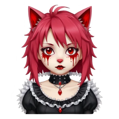 Shiny furry beautiful cute cool gorgeous attractive cute gothic anime cat-girl-lady with bloody hair, bloody lips, bloody face, blood-choker, spiked collar, frills, black dress, red rubies, messy tousled hair  sticker