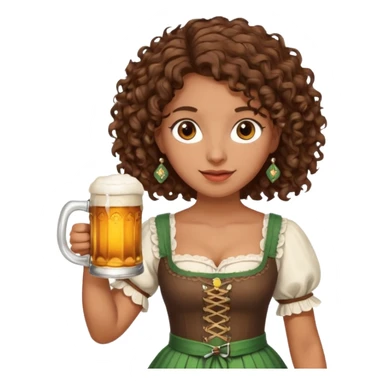 A woman with brown, shoulder-length curly hair and brown eyes she is wearing a dirndl and holding a beer stein sticker