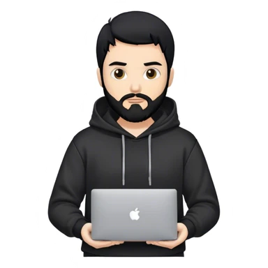 hackeur blanc cheveux noir barbe et capuche noir avec un macbook sticker