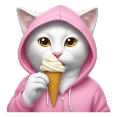 A white cat eating ice cream while wearing a pink hoodie sticker