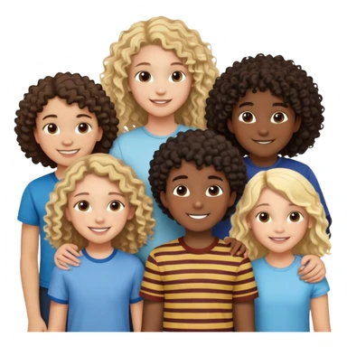 Group of diverse friends standing together, including a dark-skinned boy, a light-skinned blonde boy, a light-skinned girl with dark hair, a mixed-race girl with brown hair, a light-skinned person with curly hair, a mixed-race person with dark curly hair, and in the center a mixed-race person with wavy hair sticker