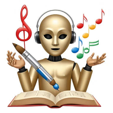 A metallic humanoid figure whose torso is a circle divided into 4 clear segments, each segment containing a distinct icon: paintbrush (visual arts), music note (musical arts), theater masks (theatrical arts), and an open book (literary arts) sticker
