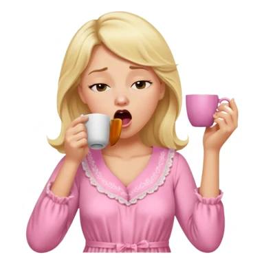 A blonde woman in a pink nightgown yawns, looking sleepy with dark circles under her eyes, drinking coffee, looking like she just woke up sticker